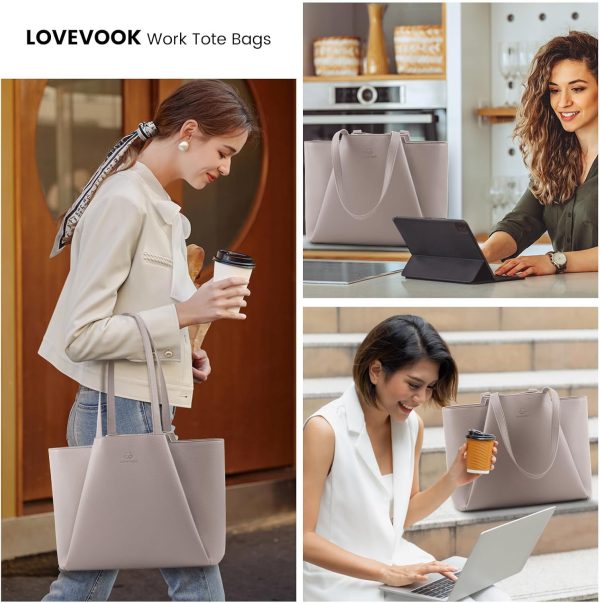 LOVEVOOK Laptop Tote Bag for Women 15.6 Inch Work Bag Leather Laptop Bag with Clutch, Large Capacity Office Purse Computer Briefcase Shoulder Bag for Casual Business Travel, Apricot&brown - Image 2