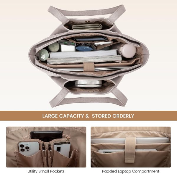 LOVEVOOK Laptop Tote Bag for Women 15.6 Inch Work Bag Leather Laptop Bag with Clutch, Large Capacity Office Purse Computer Briefcase Shoulder Bag for Casual Business Travel, Apricot&brown - Image 3