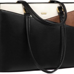 LOVEVOOK Laptop Bag for Women,15.6 Inch Laptop Tote Bag for Women,Vintage Leather Work Tote Bags Computer Teacher Bag,Waterproof Business Bag Office Briefcase, Black and White and Brown