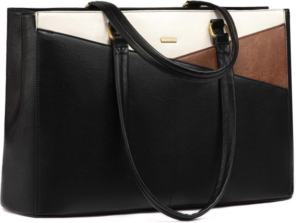 LOVEVOOK Laptop Bag for Women,15.6 Inch Laptop Tote Bag for Women,Vintage Leather Work Tote Bags Computer Teacher Bag,Waterproof Business Bag Office Briefcase, Black and White and Brown