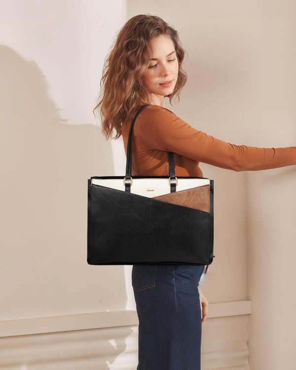 LOVEVOOK Laptop Bag for Women,15.6 Inch Laptop Tote Bag for Women,Vintage Leather Work Tote Bags Computer Teacher Bag,Waterproof Business Bag Office Briefcase, Black and White and Brown - Image 2