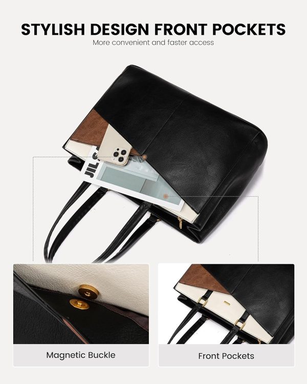 LOVEVOOK Laptop Bag for Women,15.6 Inch Laptop Tote Bag for Women,Vintage Leather Work Tote Bags Computer Teacher Bag,Waterproof Business Bag Office Briefcase, Black and White and Brown - Image 4