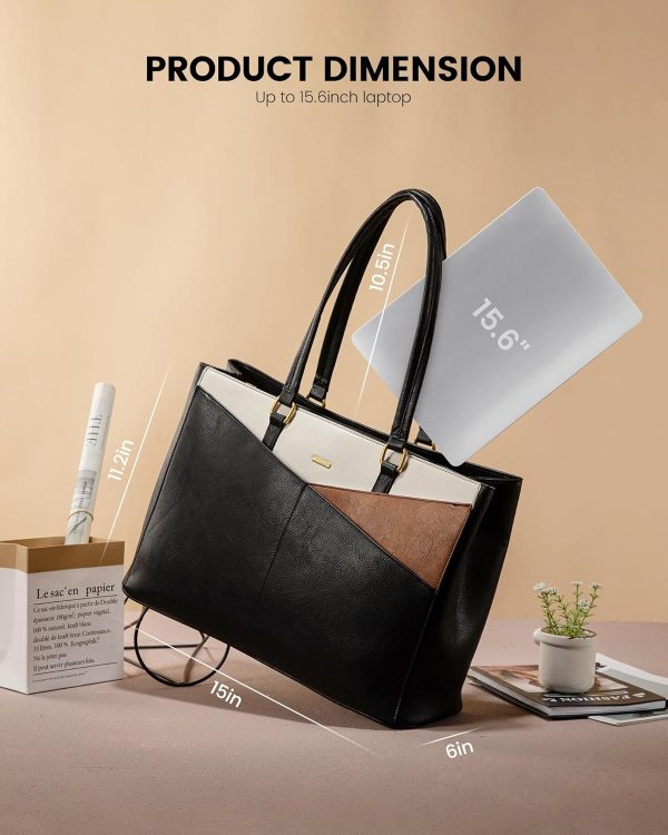 LOVEVOOK Laptop Bag for Women,15.6 Inch Laptop Tote Bag for Women,Vintage Leather Work Tote Bags Computer Teacher Bag,Waterproof Business Bag Office Briefcase, Black and White and Brown - Image 5