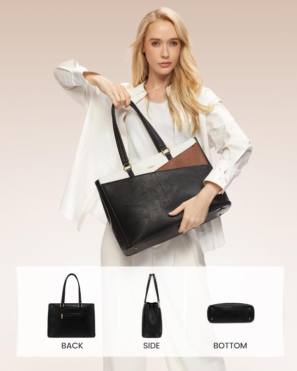 LOVEVOOK Laptop Bag for Women,15.6 Inch Laptop Tote Bag for Women,Vintage Leather Work Tote Bags Computer Teacher Bag,Waterproof Business Bag Office Briefcase, Black and White and Brown - Image 6