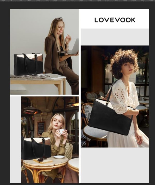 LOVEVOOK Laptop Bag for Women,15.6 Inch Laptop Tote Bag for Women,Vintage Leather Work Tote Bags Computer Teacher Bag,Waterproof Business Bag Office Briefcase, Black and White and Brown - Image 7