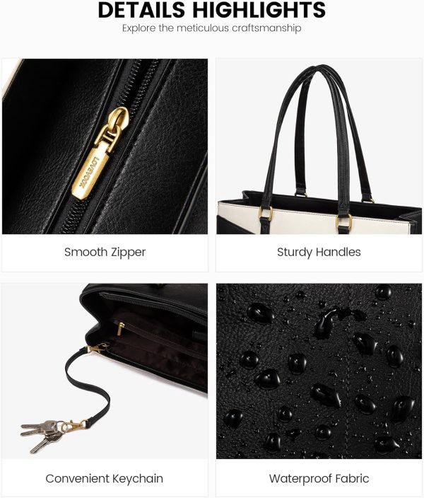 LOVEVOOK Laptop Bag for Women,15.6 Inch Laptop Tote Bag for Women,Vintage Leather Work Tote Bags Computer Teacher Bag,Waterproof Business Bag Office Briefcase, Black and White and Brown - Image 8
