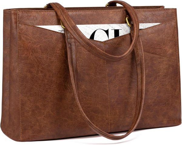 LOVEVOOK Laptop Bag for Women,15.6 Inch Laptop Tote Bag for Women,Vintage Leather Work Tote Bags Computer Teacher Bag,Waterproof Business Bag Office Briefcase, Black and White and Brown - Image 9