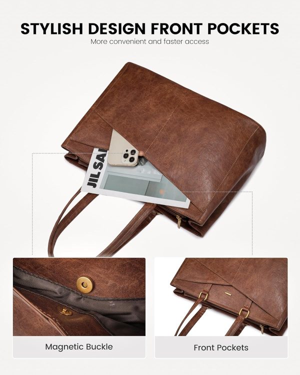 LOVEVOOK Laptop Bag for Women,15.6 Inch Laptop Tote Bag for Women,Vintage Leather Work Tote Bags Computer Teacher Bag,Waterproof Business Bag Office Briefcase, Black and White and Brown - Image 12