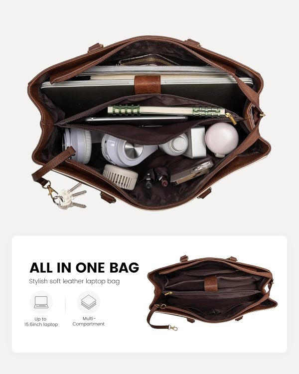 LOVEVOOK Laptop Bag for Women,15.6 Inch Laptop Tote Bag for Women,Vintage Leather Work Tote Bags Computer Teacher Bag,Waterproof Business Bag Office Briefcase, Black and White and Brown - Image 19