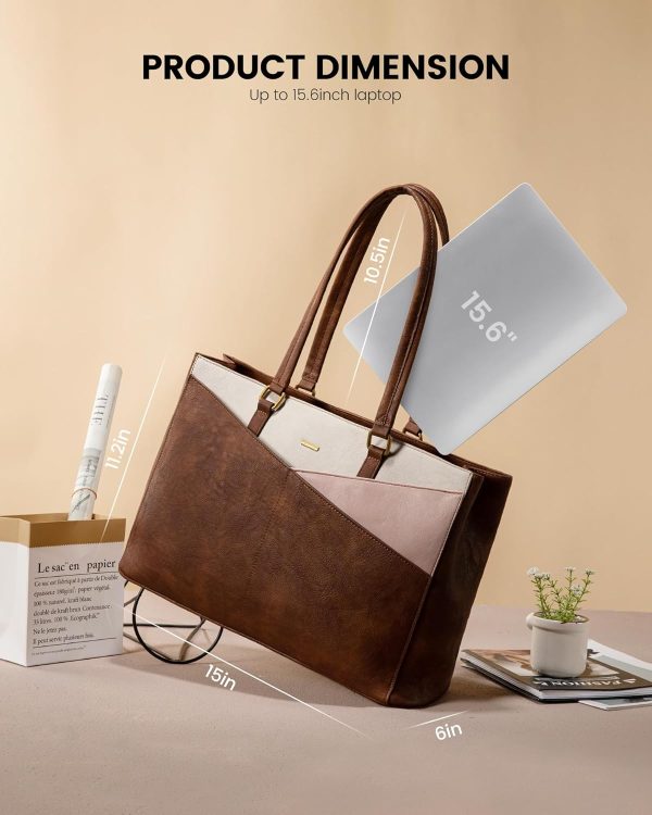 LOVEVOOK Laptop Bag for Women,15.6 Inch Laptop Tote Bag for Women,Vintage Leather Work Tote Bags Computer Teacher Bag,Waterproof Business Bag Office Briefcase, Black and White and Brown - Image 21