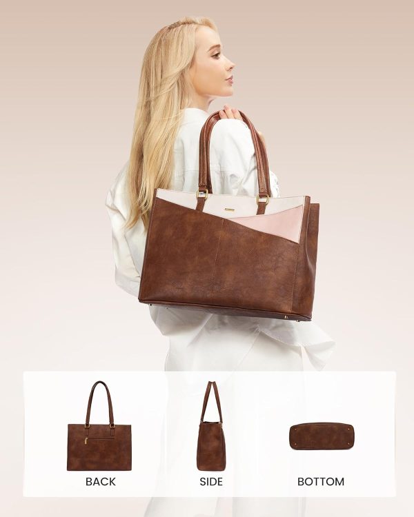 LOVEVOOK Laptop Bag for Women,15.6 Inch Laptop Tote Bag for Women,Vintage Leather Work Tote Bags Computer Teacher Bag,Waterproof Business Bag Office Briefcase, Black and White and Brown - Image 22