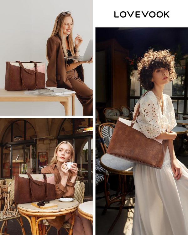 LOVEVOOK Laptop Bag for Women,15.6 Inch Laptop Tote Bag for Women,Vintage Leather Work Tote Bags Computer Teacher Bag,Waterproof Business Bag Office Briefcase, Black and White and Brown - Image 23