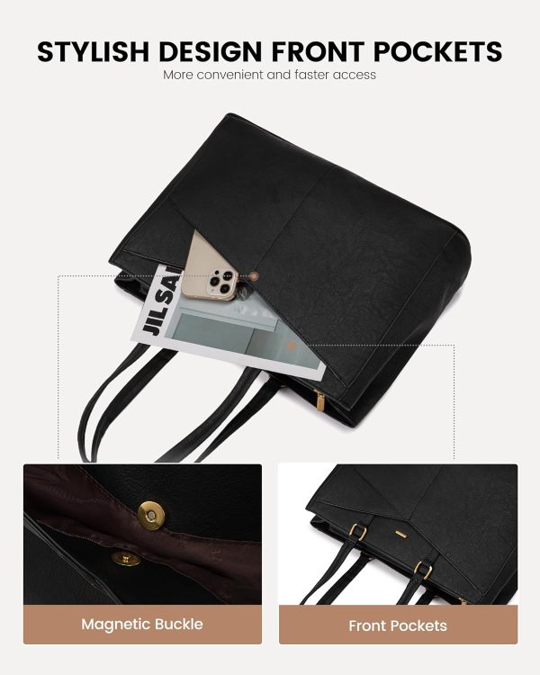 LOVEVOOK Laptop Bag for Women,15.6 Inch Laptop Tote Bag for Women,Vintage Leather Work Tote Bags Computer Teacher Bag,Waterproof Business Bag Office Briefcase, Black and White and Brown - Image 28
