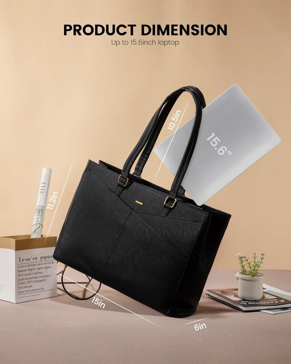 LOVEVOOK Laptop Bag for Women,15.6 Inch Laptop Tote Bag for Women,Vintage Leather Work Tote Bags Computer Teacher Bag,Waterproof Business Bag Office Briefcase, Black and White and Brown - Image 29