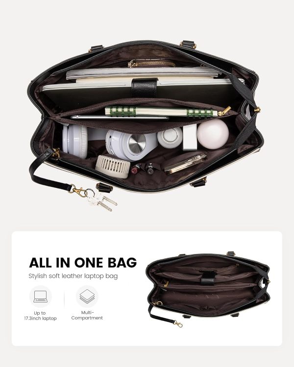LOVEVOOK Laptop Bag for Women,15.6 Inch Laptop Tote Bag for Women,Vintage Leather Work Tote Bags Computer Teacher Bag,Waterproof Business Bag Office Briefcase, Black and White and Brown - Image 33