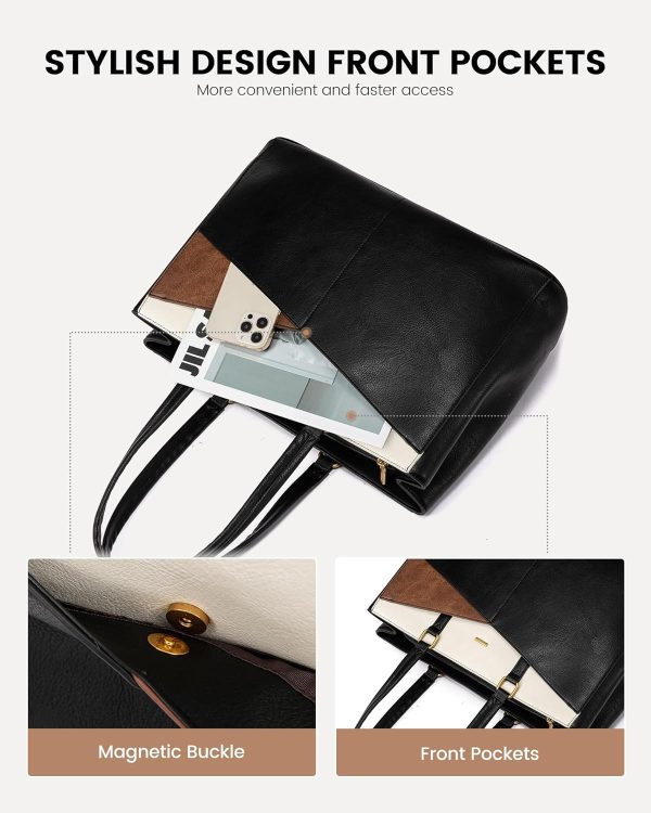 LOVEVOOK Laptop Bag for Women,15.6 Inch Laptop Tote Bag for Women,Vintage Leather Work Tote Bags Computer Teacher Bag,Waterproof Business Bag Office Briefcase, Black and White and Brown - Image 34