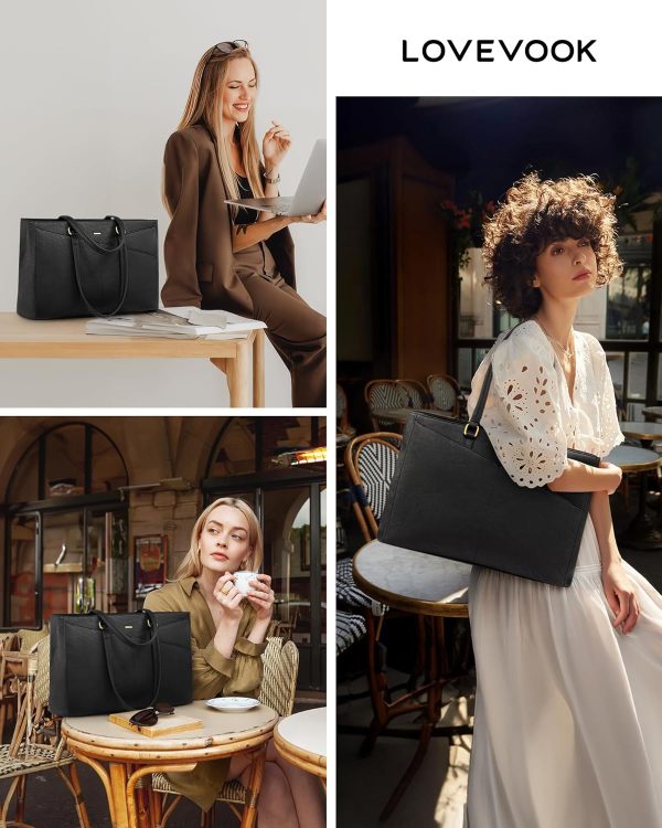 LOVEVOOK Laptop Bag for Women,15.6 Inch Laptop Tote Bag for Women,Vintage Leather Work Tote Bags Computer Teacher Bag,Waterproof Business Bag Office Briefcase, Black and White and Brown - Image 39
