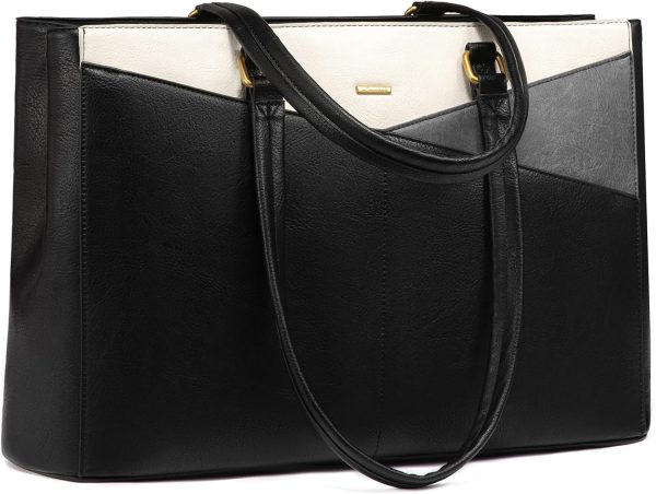 LOVEVOOK Laptop Bag for Women,15.6 Inch Laptop Tote Bag for Women,Vintage Leather Work Tote Bags Computer Teacher Bag,Waterproof Business Bag Office Briefcase, Black and White and Brown - Image 40