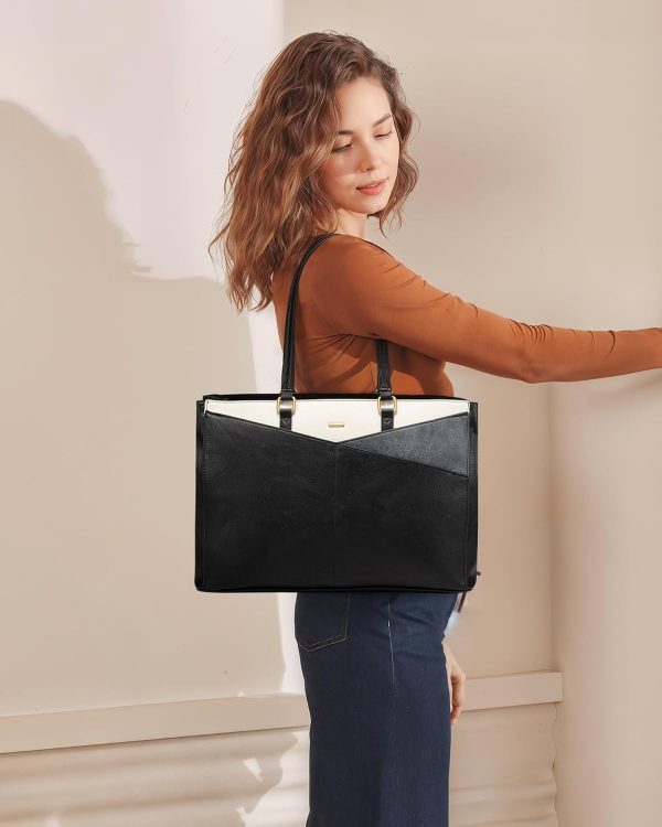 LOVEVOOK Laptop Bag for Women,15.6 Inch Laptop Tote Bag for Women,Vintage Leather Work Tote Bags Computer Teacher Bag,Waterproof Business Bag Office Briefcase, Black and White and Brown - Image 41