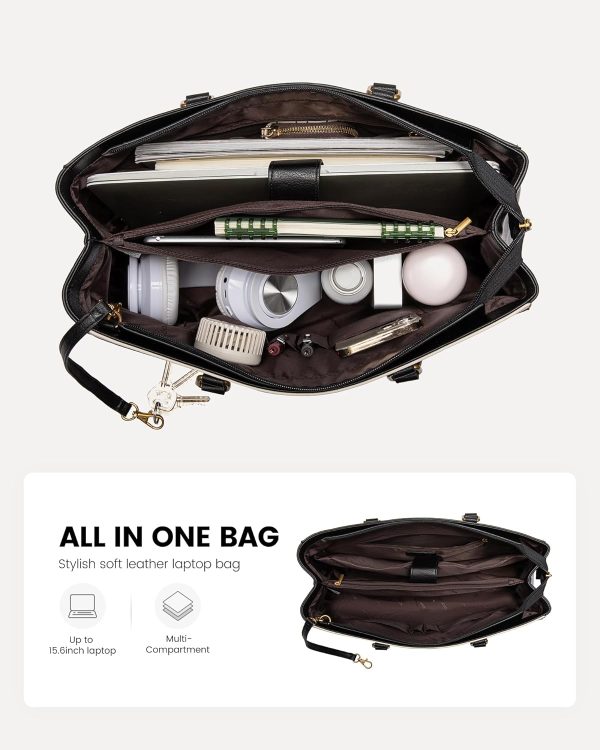 LOVEVOOK Laptop Bag for Women,15.6 Inch Laptop Tote Bag for Women,Vintage Leather Work Tote Bags Computer Teacher Bag,Waterproof Business Bag Office Briefcase, Black and White and Brown - Image 42