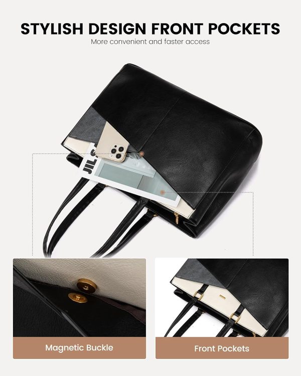 LOVEVOOK Laptop Bag for Women,15.6 Inch Laptop Tote Bag for Women,Vintage Leather Work Tote Bags Computer Teacher Bag,Waterproof Business Bag Office Briefcase, Black and White and Brown - Image 43