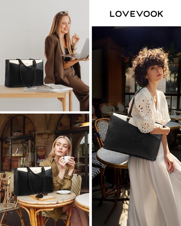 LOVEVOOK Laptop Bag for Women,15.6 Inch Laptop Tote Bag for Women,Vintage Leather Work Tote Bags Computer Teacher Bag,Waterproof Business Bag Office Briefcase, Black and White and Brown - Image 46