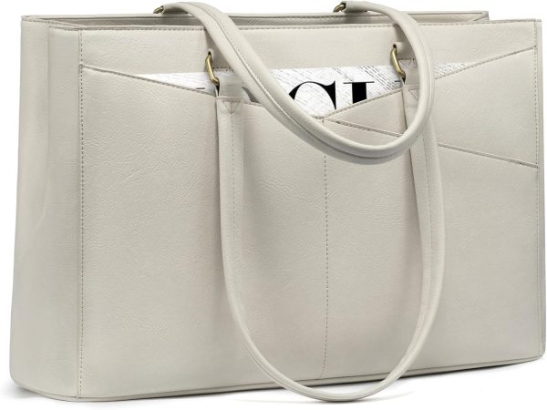 LOVEVOOK Laptop Bag for Women,15.6 Inch Laptop Tote Bag for Women,Vintage Leather Work Tote Bags Computer Teacher Bag,Waterproof Business Bag Office Briefcase, Black and White and Brown - Image 48
