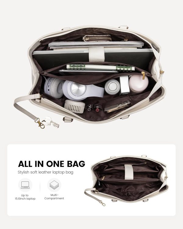 LOVEVOOK Laptop Bag for Women,15.6 Inch Laptop Tote Bag for Women,Vintage Leather Work Tote Bags Computer Teacher Bag,Waterproof Business Bag Office Briefcase, Black and White and Brown - Image 50