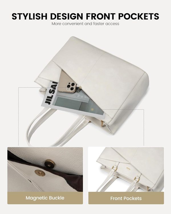 LOVEVOOK Laptop Bag for Women,15.6 Inch Laptop Tote Bag for Women,Vintage Leather Work Tote Bags Computer Teacher Bag,Waterproof Business Bag Office Briefcase, Black and White and Brown - Image 51