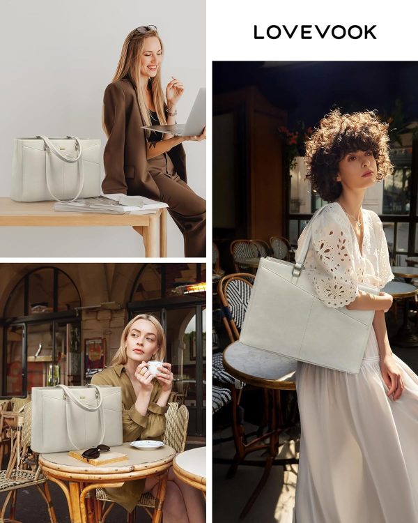 LOVEVOOK Laptop Bag for Women,15.6 Inch Laptop Tote Bag for Women,Vintage Leather Work Tote Bags Computer Teacher Bag,Waterproof Business Bag Office Briefcase, Black and White and Brown - Image 54