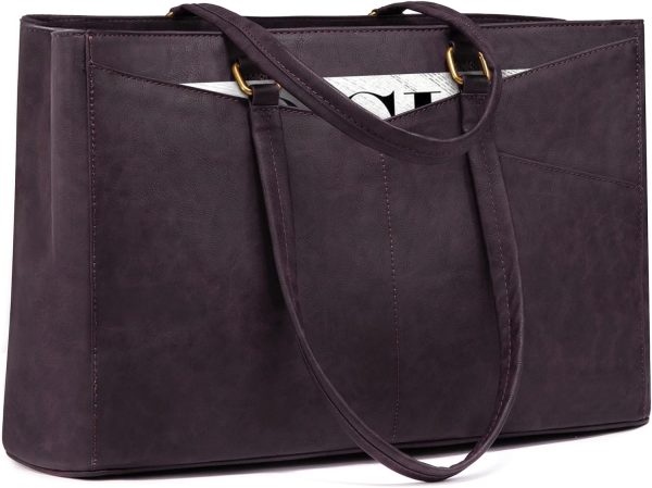 LOVEVOOK Laptop Bag for Women,15.6 Inch Laptop Tote Bag for Women,Vintage Leather Work Tote Bags Computer Teacher Bag,Waterproof Business Bag Office Briefcase, Black and White and Brown - Image 56