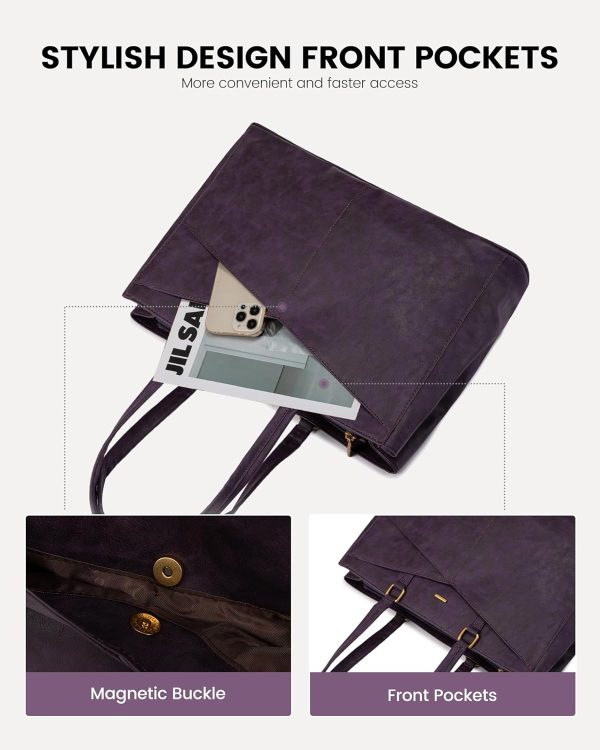 LOVEVOOK Laptop Bag for Women,15.6 Inch Laptop Tote Bag for Women,Vintage Leather Work Tote Bags Computer Teacher Bag,Waterproof Business Bag Office Briefcase, Black and White and Brown - Image 59