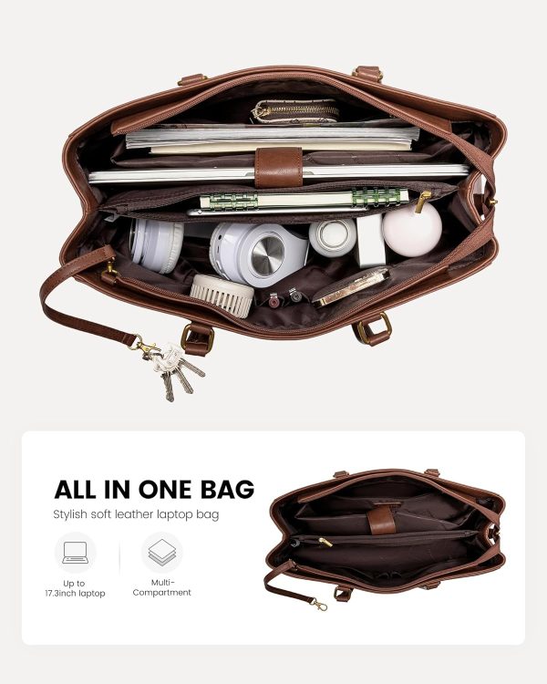 LOVEVOOK Laptop Bag for Women,15.6 Inch Laptop Tote Bag for Women,Vintage Leather Work Tote Bags Computer Teacher Bag,Waterproof Business Bag Office Briefcase, Black and White and Brown - Image 63