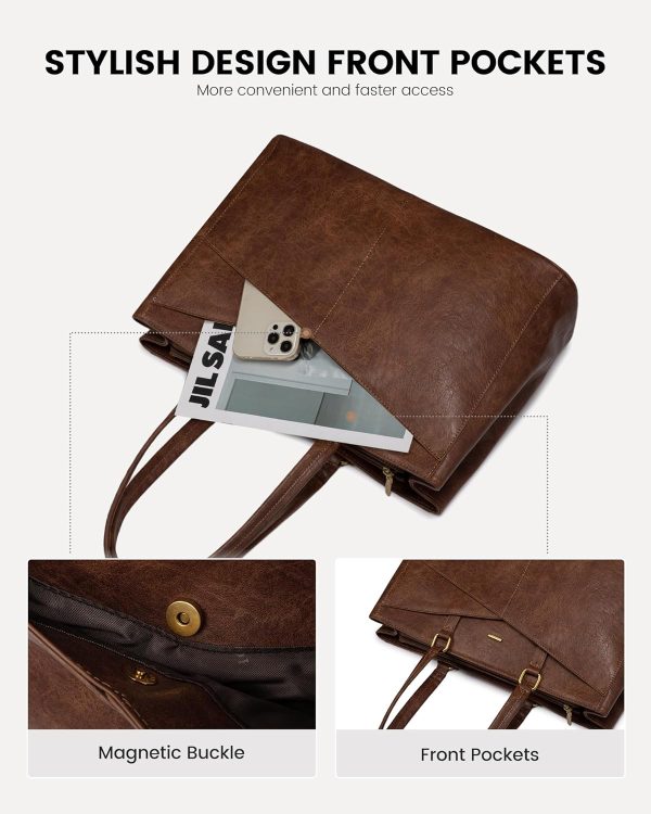 LOVEVOOK Laptop Bag for Women,15.6 Inch Laptop Tote Bag for Women,Vintage Leather Work Tote Bags Computer Teacher Bag,Waterproof Business Bag Office Briefcase, Black and White and Brown - Image 64