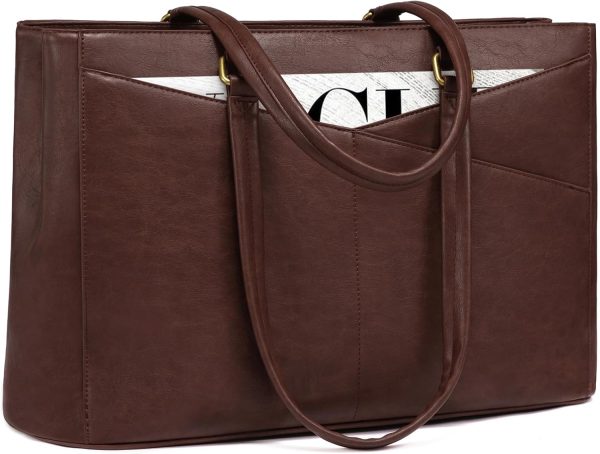 LOVEVOOK Laptop Bag for Women,15.6 Inch Laptop Tote Bag for Women,Vintage Leather Work Tote Bags Computer Teacher Bag,Waterproof Business Bag Office Briefcase, Black and White and Brown - Image 66