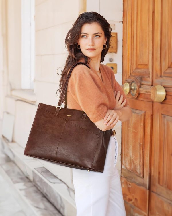 LOVEVOOK Laptop Bag for Women,15.6 Inch Laptop Tote Bag for Women,Vintage Leather Work Tote Bags Computer Teacher Bag,Waterproof Business Bag Office Briefcase, Black and White and Brown - Image 67