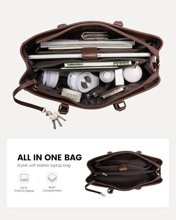 LOVEVOOK Laptop Bag for Women,15.6 Inch Laptop Tote Bag for Women,Vintage Leather Work Tote Bags Computer Teacher Bag,Waterproof Business Bag Office Briefcase, Black and White and Brown - Image 68