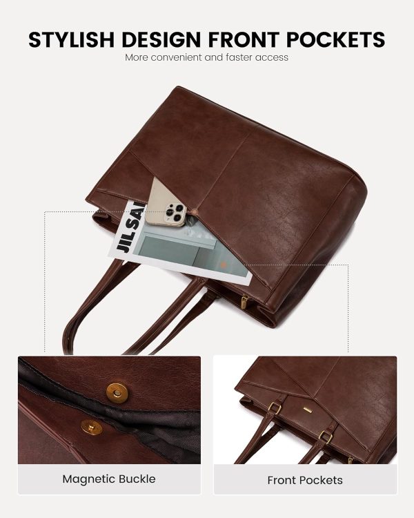 LOVEVOOK Laptop Bag for Women,15.6 Inch Laptop Tote Bag for Women,Vintage Leather Work Tote Bags Computer Teacher Bag,Waterproof Business Bag Office Briefcase, Black and White and Brown - Image 69