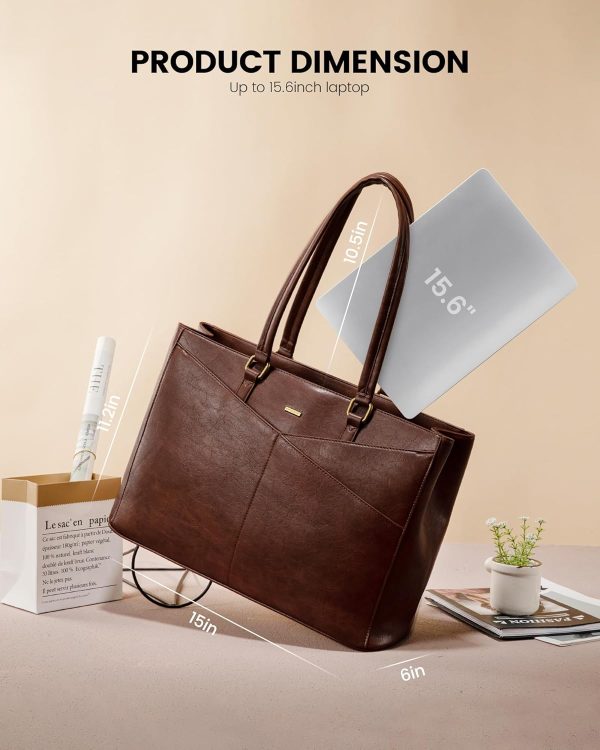 LOVEVOOK Laptop Bag for Women,15.6 Inch Laptop Tote Bag for Women,Vintage Leather Work Tote Bags Computer Teacher Bag,Waterproof Business Bag Office Briefcase, Black and White and Brown - Image 70