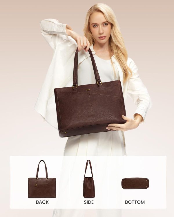 LOVEVOOK Laptop Bag for Women,15.6 Inch Laptop Tote Bag for Women,Vintage Leather Work Tote Bags Computer Teacher Bag,Waterproof Business Bag Office Briefcase, Black and White and Brown - Image 71