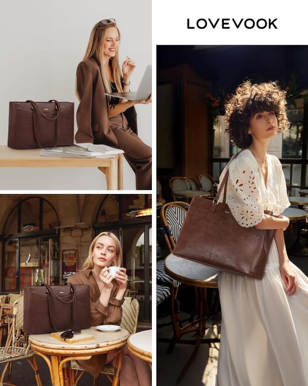 LOVEVOOK Laptop Bag for Women,15.6 Inch Laptop Tote Bag for Women,Vintage Leather Work Tote Bags Computer Teacher Bag,Waterproof Business Bag Office Briefcase, Black and White and Brown - Image 72