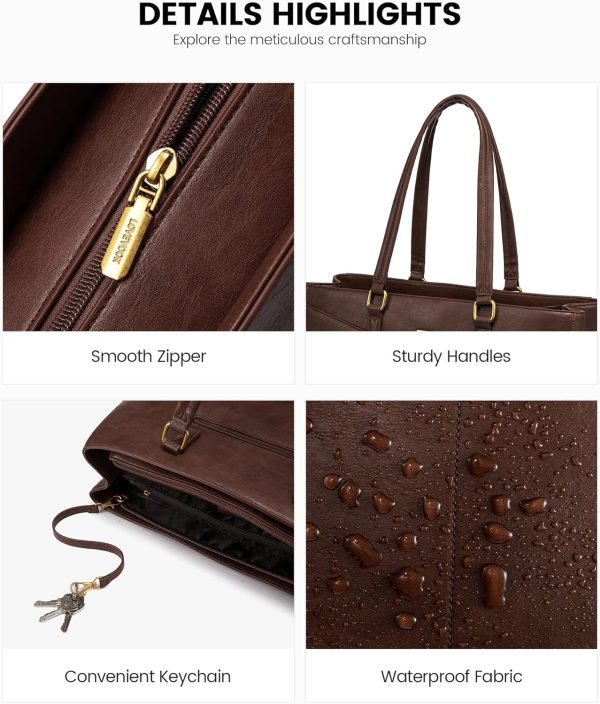 LOVEVOOK Laptop Bag for Women,15.6 Inch Laptop Tote Bag for Women,Vintage Leather Work Tote Bags Computer Teacher Bag,Waterproof Business Bag Office Briefcase, Black and White and Brown - Image 73