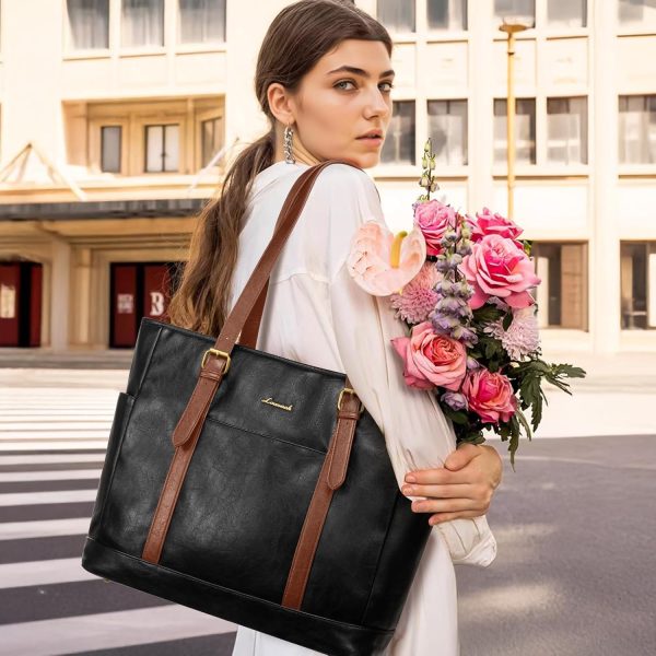 LOVEVOOK Laptop Tote Bag for Women,Vintage Leather Work Tote Bag for Women, 15.6 Inch Computer Briefcase Bag,Waterproof Teacher Business Office - Image 2