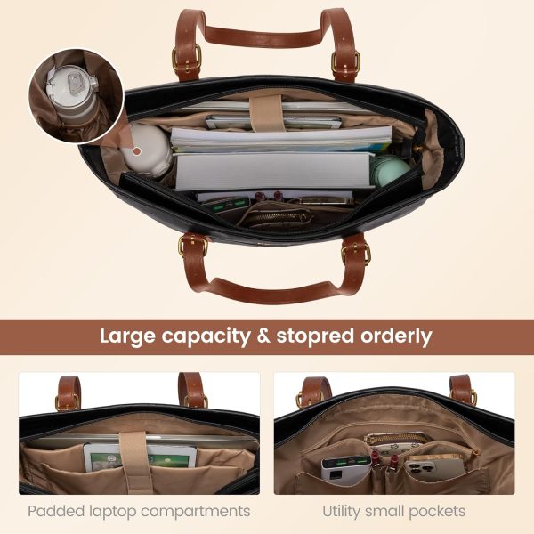 LOVEVOOK Laptop Tote Bag for Women,Vintage Leather Work Tote Bag for Women, 15.6 Inch Computer Briefcase Bag,Waterproof Teacher Business Office - Image 3