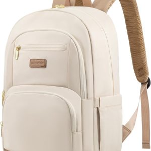 LOVEVOOK Travel Laptop Backpack for Women, Waterproof Work Backpack Fits 15.6 Inch Laptop, Large Computer Backpack for College, Beige
